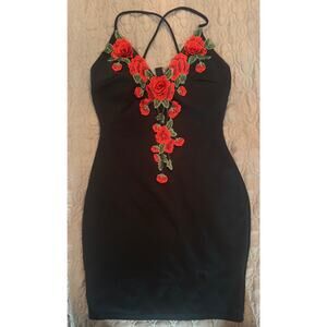 Windsor, Black Body-Con Dress with Red Rose Details